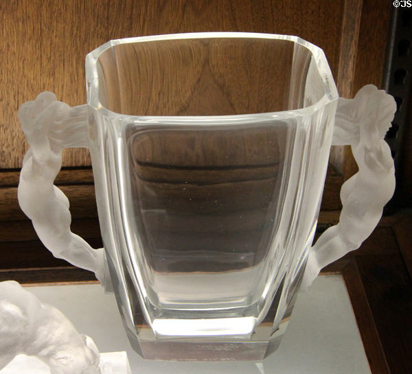 Cast lost wax diatreta glass handles on crystal vase (1945-59) by Frederick Carder for Steuben Glass at Corning Museum of Glass. Corning, NY.