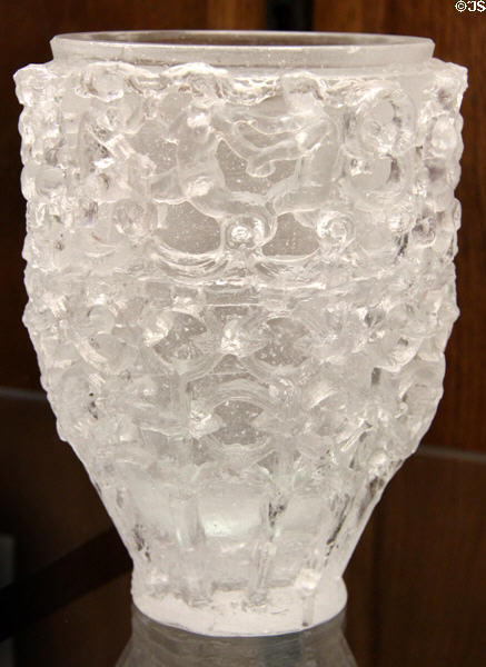Cast lost wax diatreta glass vase in tradition of cage cup (1945-59) by Frederick Carder for Steuben Glass at Corning Museum of Glass. Corning, NY.