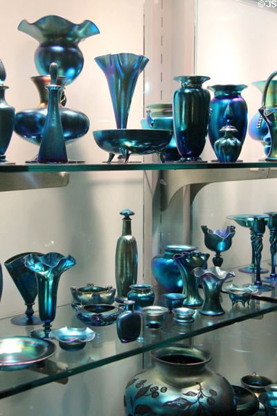 Examples of Blue Aurene (invented 1905) by Frederick Carder made by mixing glass with cobalt at Corning Museum of Glass. Corning, NY.