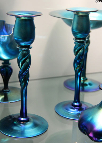Blue Aurene glass candlesticks (1905-30s) by Frederick Carder for Steuben Glass at Corning Museum of Glass. Corning, NY.