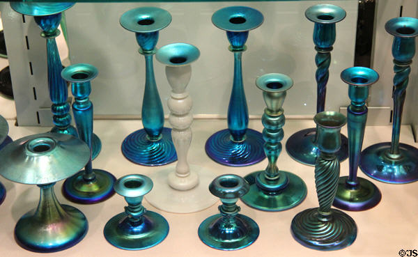 Blue Aurene glass candlesticks (1905-30s) by Frederick Carder for Steuben Glass at Corning Museum of Glass. Corning, NY.