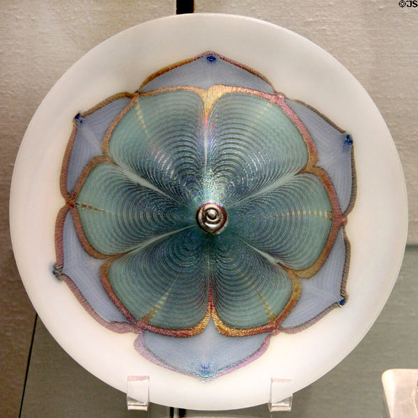 Decorated Aurene glass plate (1910-20) by Steuben Glass at Corning Museum of Glass. Corning, NY.