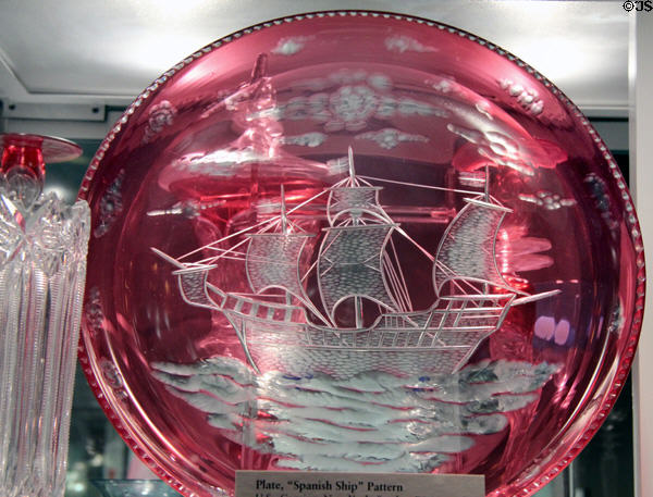 Cut glass plate with Spanish Ship pattern by Steuben Glass at Corning Museum of Glass. Corning, NY.