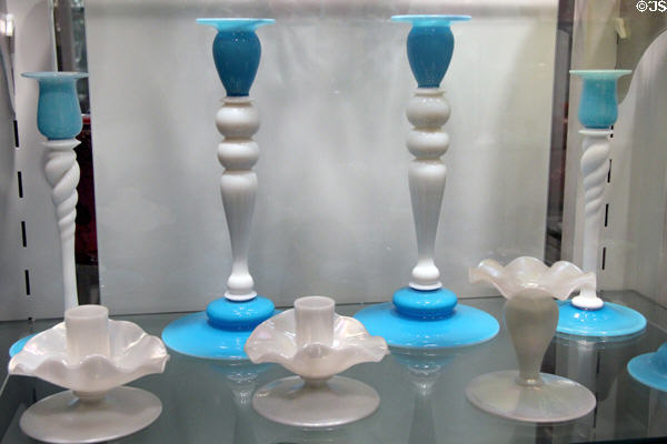 Blue & white glass candlesticks (1920s-30s) by Steuben Glass at Corning Museum of Glass. Corning, NY.