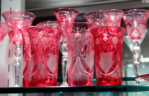Engraved ruby-cased glass place setting (1928) by Steuben Glass at Corning Museum of Glass. Corning, NY.