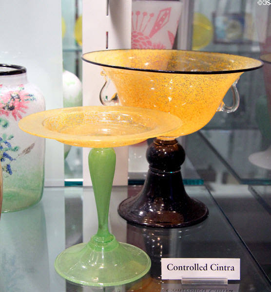 Cintra glass footed-bowls where decoration was applied between inner & outer layers by Frederick Carder of Steuben Glass at Corning Museum of Glass. Corning, NY.