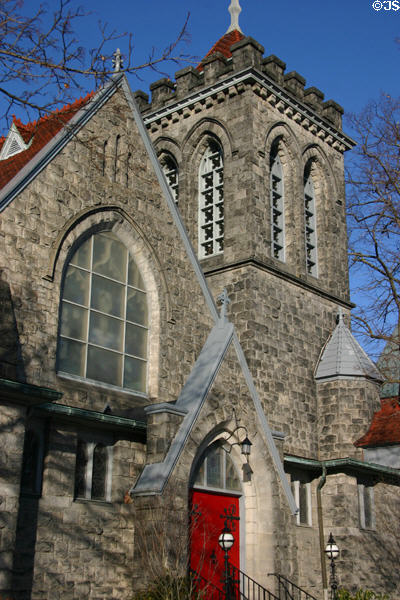 Gothic Revival facade of Christ Episcopal Church. Corning, NY.