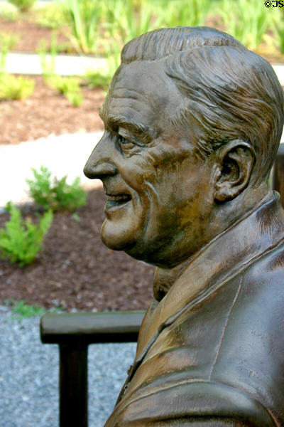 Close up of face of Franklin D. Roosevelt on garden sculpture. Hyde Park, NY.