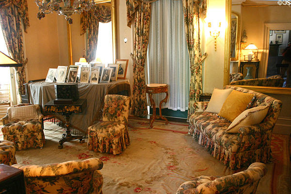 Roosevelt home Dresden room where piano held portraits of guests such as King George VI & Queen Elizabeth in 1939. Hyde Park, NY.