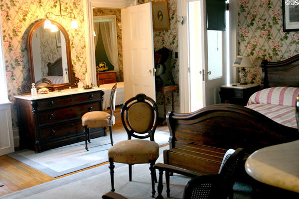 Pink guest bedroom in Roosevelt home occupied by notables like the King George VI & Winston Churchill. Hyde Park, NY.