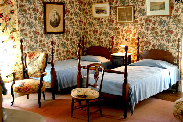 Chintz bedroom in Roosevelt home once used by Queen Elizabeth (mother of current Queen). The twin beds are by Val-Kill Industries, an enterprise run by Eleanor Roosevelt & friends. Hyde Park, NY.