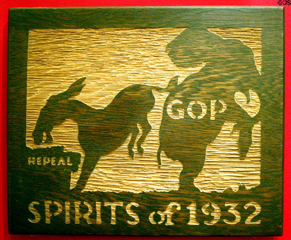 Donkey kicking elephant on 1932 repeal GOP plaque in Presidential Museum. Hyde Park, NY.
