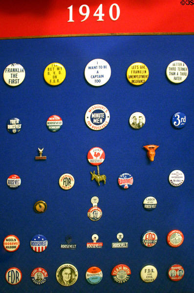 Collection of Roosevelt campaign pins from 1940 in Presidential Museum. Hyde Park, NY.