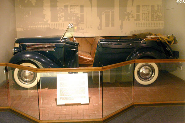 Roosevelt's 1936 Ford Phaeton in Presidential Museum with hand controls to allow him to drive himself to neighbors in Presidential Museum. Hyde Park, NY.