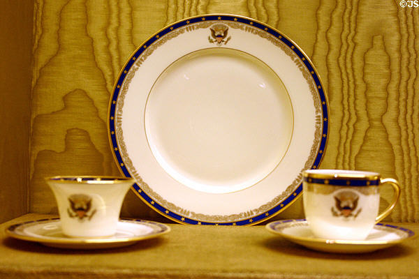 Lenox china (1934) with Roosevelt's family symbols mixed with Presidential crest used in White House in Presidential Museum. Hyde Park, NY.