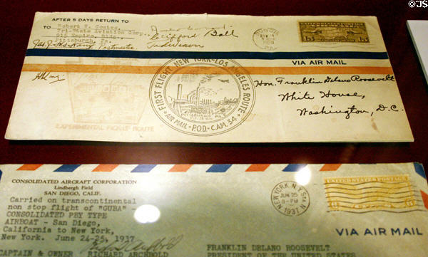 Samples of Roosevelt's stamp collection featuring cover of first airmail flight New York to Los Angeles in Presidential Museum. Hyde Park, NY.