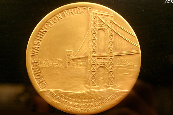 Dedication medal for George Washington Bridge opened by FDR in 1931 in Presidential Museum. Hyde Park, NY.