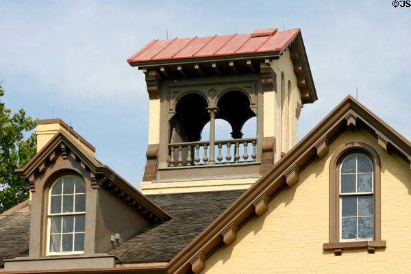 Italianate tower sticks above Georgian windows at Van Buren's house Lindenwald. Kinderhook, NY.