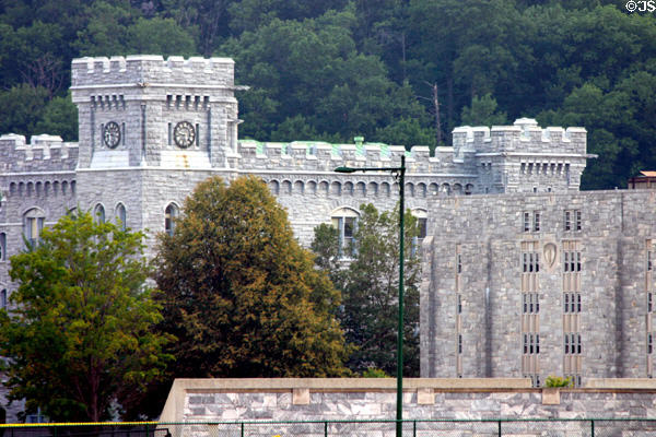 Crenellated stone buildings on West Point Military Academy campus. West Point, NY.