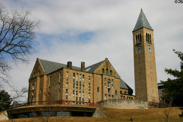 Uris Library (1889) with McGraw Tower on Cornell Campus. Ithaca, NY. Style: Richardsonian Romanesque. Architect: William Henry Miller.