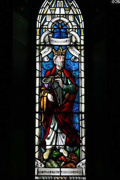 Stained glass windows with King David in Sage Chapel on Cornell Campus. Ithaca, NY.