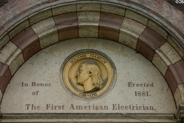 Benjamin Franklin medallion on Cornell's former Franklin Hall (now Tjaden Hall). Ithaca, NY.