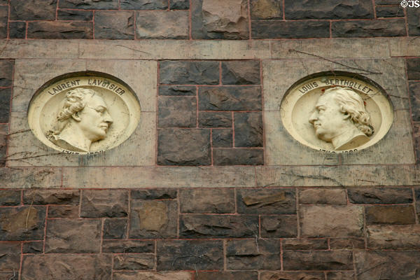 Medallions of scientists Lavoisier & Berthollet on Tjaden Hall on Cornell Campus. Ithaca, NY.