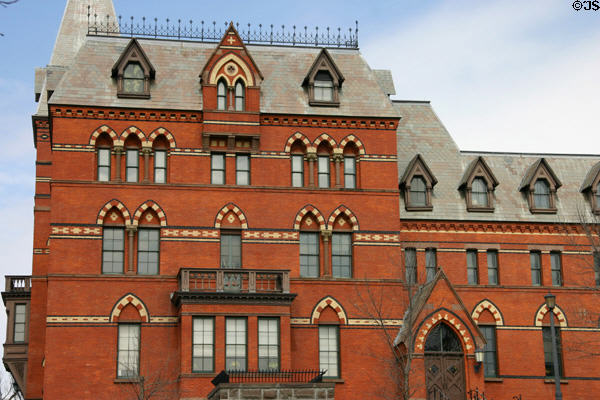 Gothic brickwork of Sage Hall on Cornell Campus. Ithaca, NY.