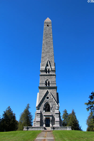 Saratoga Monument (1883) marked the surrender (Oct. 17, 1777) of the British Army under General John Burgoyne to General Horatio Gates commander of America Revolutionary forces. Schuylerville, NY.