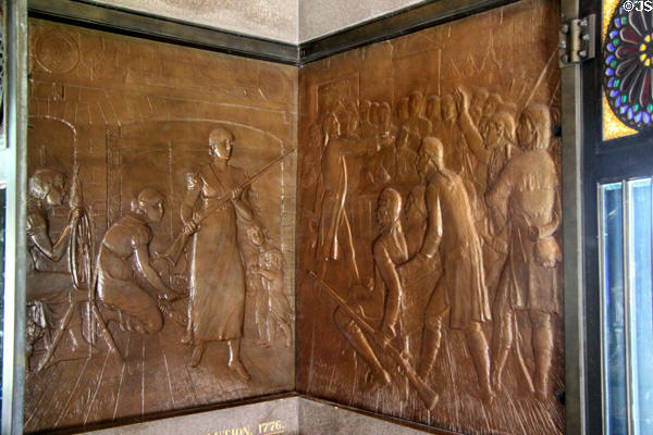 "Women of the Revolution, 1776. Industrious, self-denying, frugal, clothing and feeding themselves and their families and giving aid and comfort to an army of defence" & "Rally of the people for the defense of their just rights, which resulted in the establishment of popular government" bronze relief (1885) by J.C. Markham in Saratoga Monument. Schuylerville, NY.