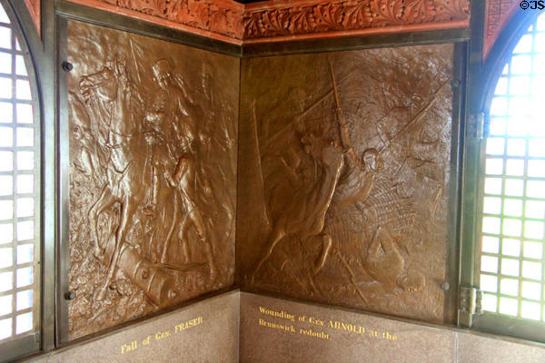 "Fall of Gen. Fraser" & "Wounding of Gen. Arnold in the Brunswick redoubt" bronze reliefs (1885) by J.C. Markham in Saratoga Monument. Schuylerville, NY.