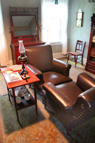 Parlor with two facing leather chairs where U.S. Grant slept sitting up because of pain caused by his throat cancer at Grant Cottage SHS. Wilton, NY.