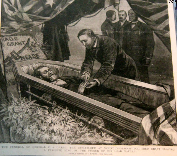 Graphic of Grant's funeral at Mount MacGregor with son Fred Grant placing ring on his father's finger at Grant Cottage SHS. Wilton, NY.