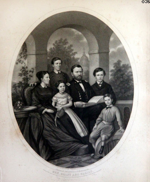 U.S. Grant & his family (Julia, Fred, Nellie, Ulysses & Jesse) engraving (1869) by John Dainty after photo by H. Ulke at Grant Cottage SHS. Wilton, NY.