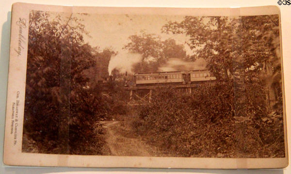 Postcard showing railway to Saratoga Springs, transport used by Grant & family, at Grant Cottage SHS. Wilton, NY.