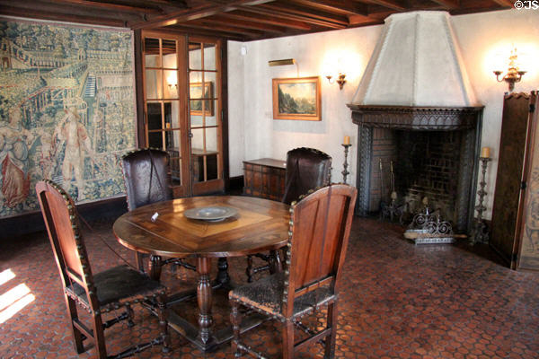 Dining room with Northern European center table (c1650) & Spanish side chairs (c1650) before French tapestry (c1600) at Hyde House. Glens Falls, NY.