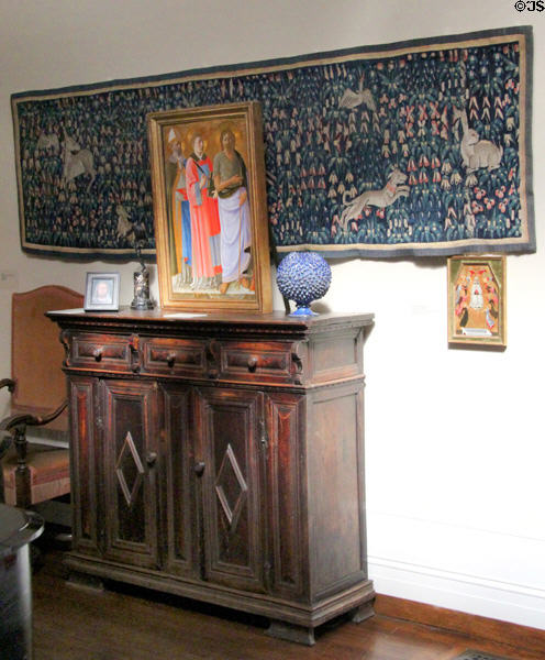 Tapestry over Italian credenza (1550-1600) music room at Hyde House. Glens Falls, NY.