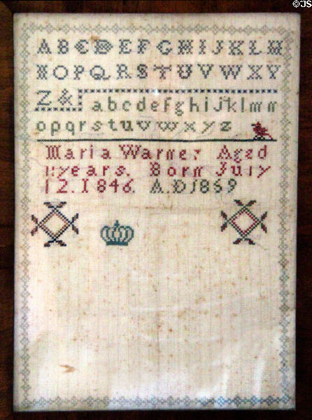 Sampler (1869) by Maria Warner at Millard Fillmore House. East Aurora, NY.