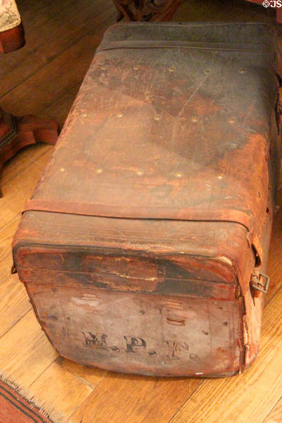 Leather trunk with initials M.P.F. at Millard Fillmore House. East Aurora, NY.