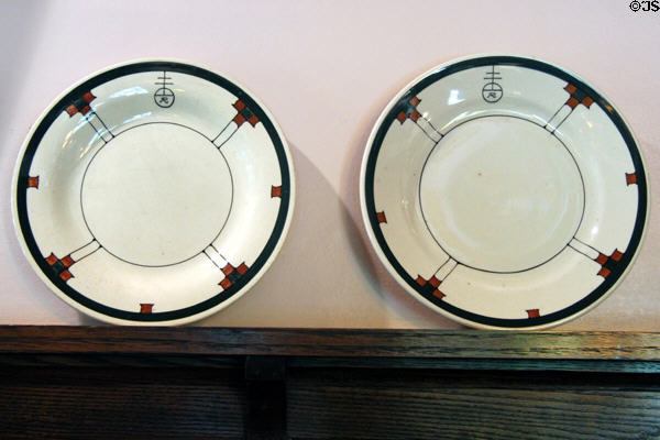 Ceramic plates with Roycroft logo from Roycroft Inn at Elbert Hubbard Roycroft Museum. East Aurora, NY.
