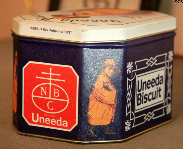 National Biscuit Company Uneeda box (1923) with logo which led to dispute with Roycroft at Elbert Hubbard Roycroft Museum. East Aurora, NY.