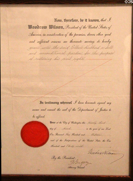 Elbert Hubbard's pardon (1915) from Woodrow Wilson overturning 1913 conviction for circulating "objectionable" matter under U.S. postal laws at Elbert Hubbard Roycroft Museum. East Aurora, NY.