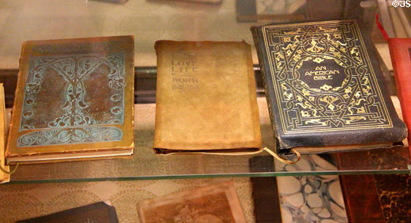 Books printed in Arts & Crafts style by Roycroft at Elbert Hubbard Roycroft Museum. East Aurora, NY.