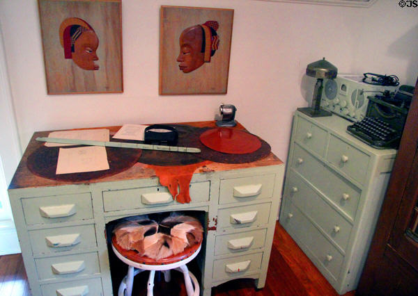 Leather work desk of George Scheide Mantel at Elbert Hubbard Roycroft Museum. East Aurora, NY.