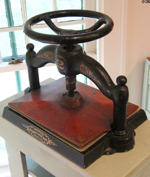 Letter press (c1900) by Pridmore Automatic Screw Press of Chicago at Elbert Hubbard Roycroft Museum. East Aurora, NY.