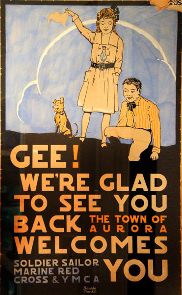 Town of Aurora Welcomes You poster by Scheide Mantel at Elbert Hubbard Roycroft Museum. East Aurora, NY.