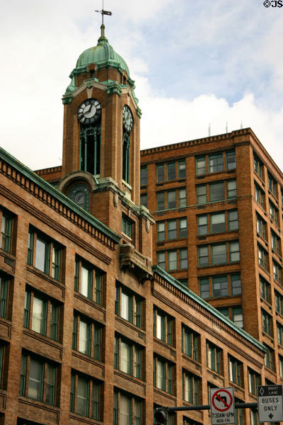 Sibley's department store building with clock tower (1905) (228 East Main St.). Rochester, NY. Style: Chicago Styoe. Architect: J. Foster Warner. On National Register.