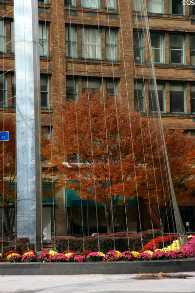Stainless steel Liberty Pole (1965) (190 foot) by James H. Johnson before Sibley Tower. Rochester, NY.