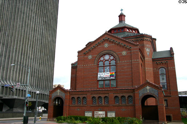 First Universalist Church (1907) (150 S Clinton Ave.). Rochester, NY. Style: Romanesque Revival. Architect: Claude Fayette Bragdon. On National Register.