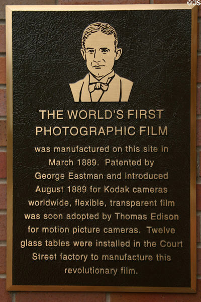 Plaque marking world's first photographic film made in 1889 by George Eastman. Rochester, NY.